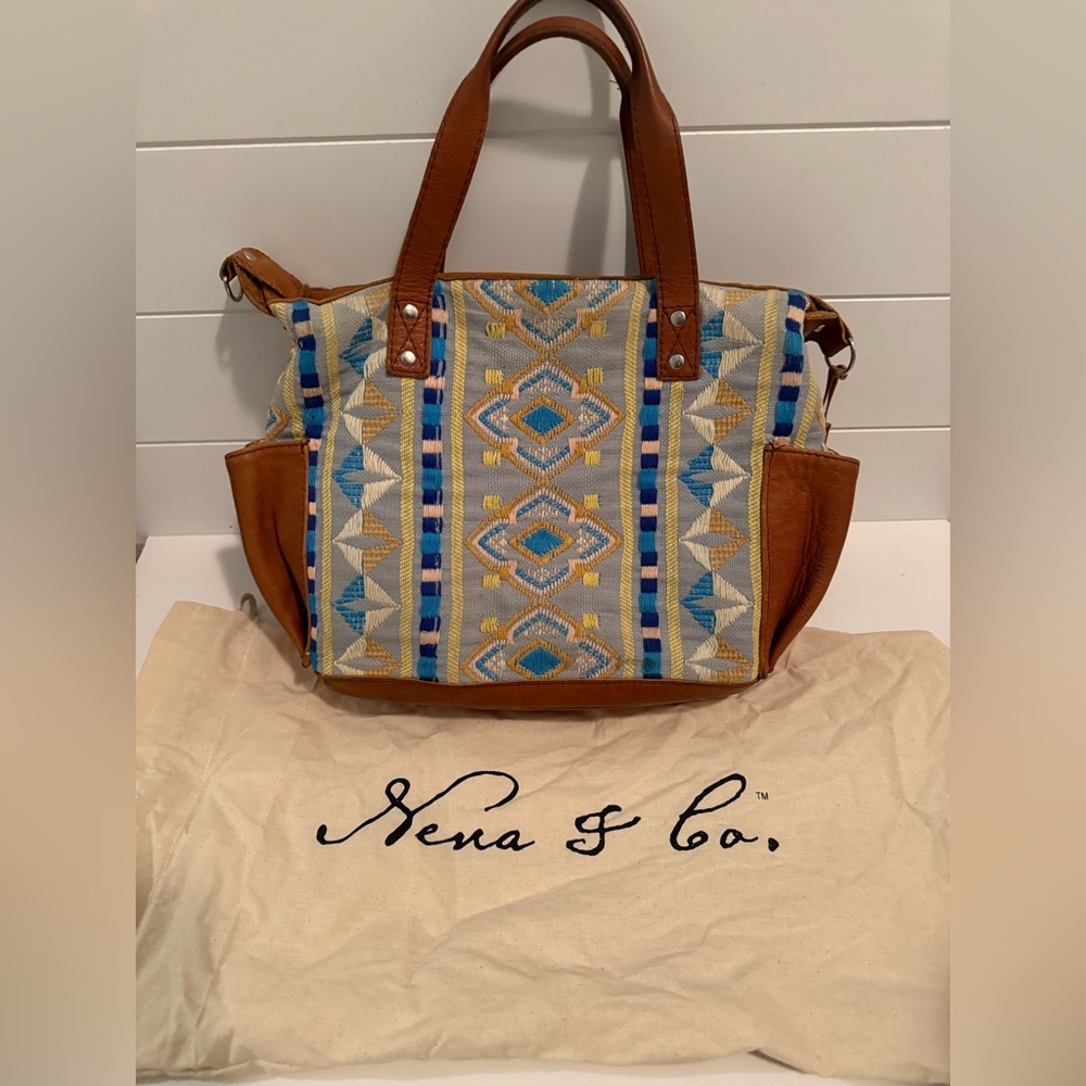 Nena & Co. Heritage Blue, Cream & Tan Embroidered Leather-Trim Tote